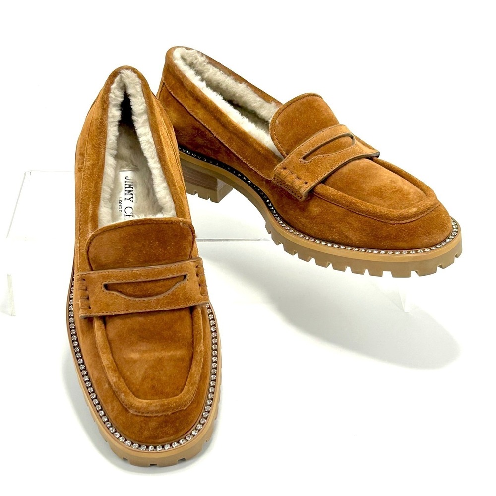 Jimmy Choo Size 38 US 6.5 Narrow Suede Shearling Crystal Deanna Loafer Shoes - Picture 2 of 15